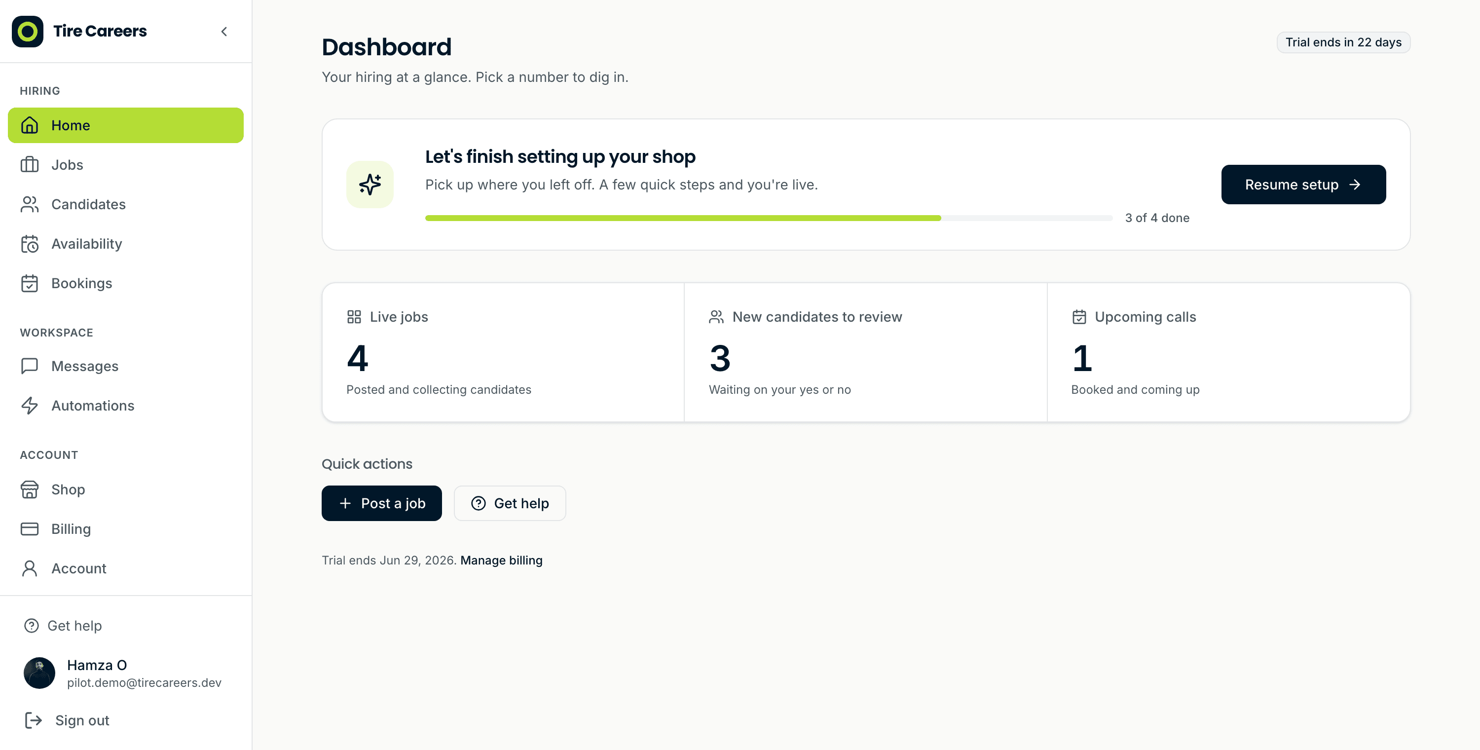The Tire Careers owner dashboard: live jobs, candidates to review, and upcoming calls at a glance